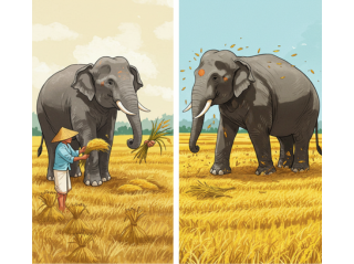 Side-by-side comparison: On the left, a Tamil farmer carefully feeds an elephant morsels of paddy. On the right, the same elephant is alone, trampling a paddy field as it feeds itself